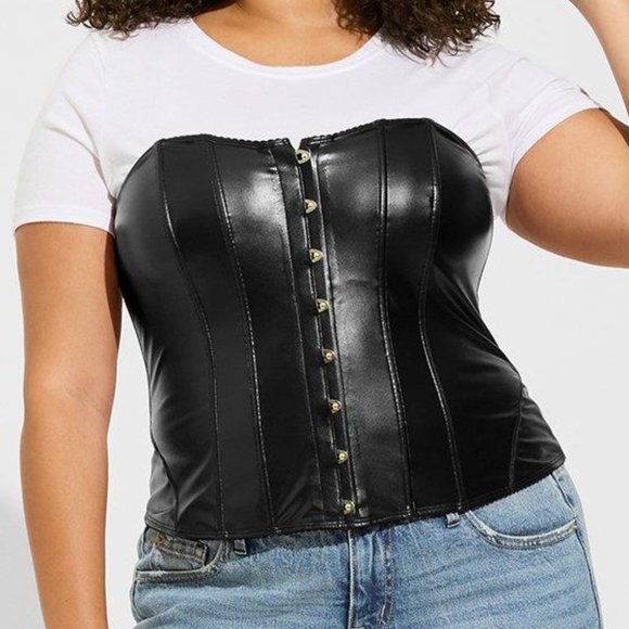 ❤️NWT VINTAGE TORRID BLACK FAUX LEATHER CORSET HOOK & EYE LACED BACK LINGERIE - Picture 4 of 12